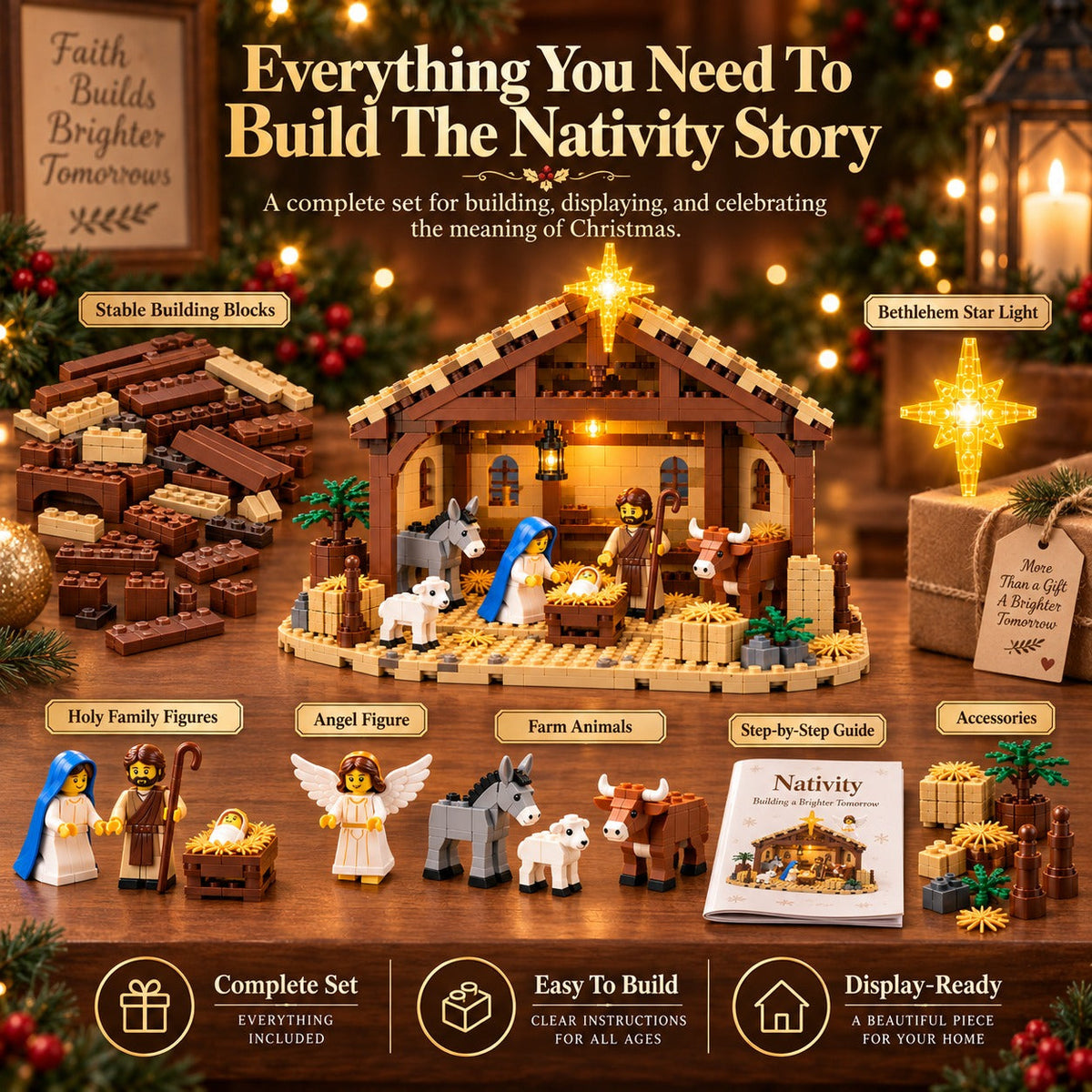 Nativity Story Building Brick Set with Light-Up Bethlehem Star – Christmas Nativity Scene