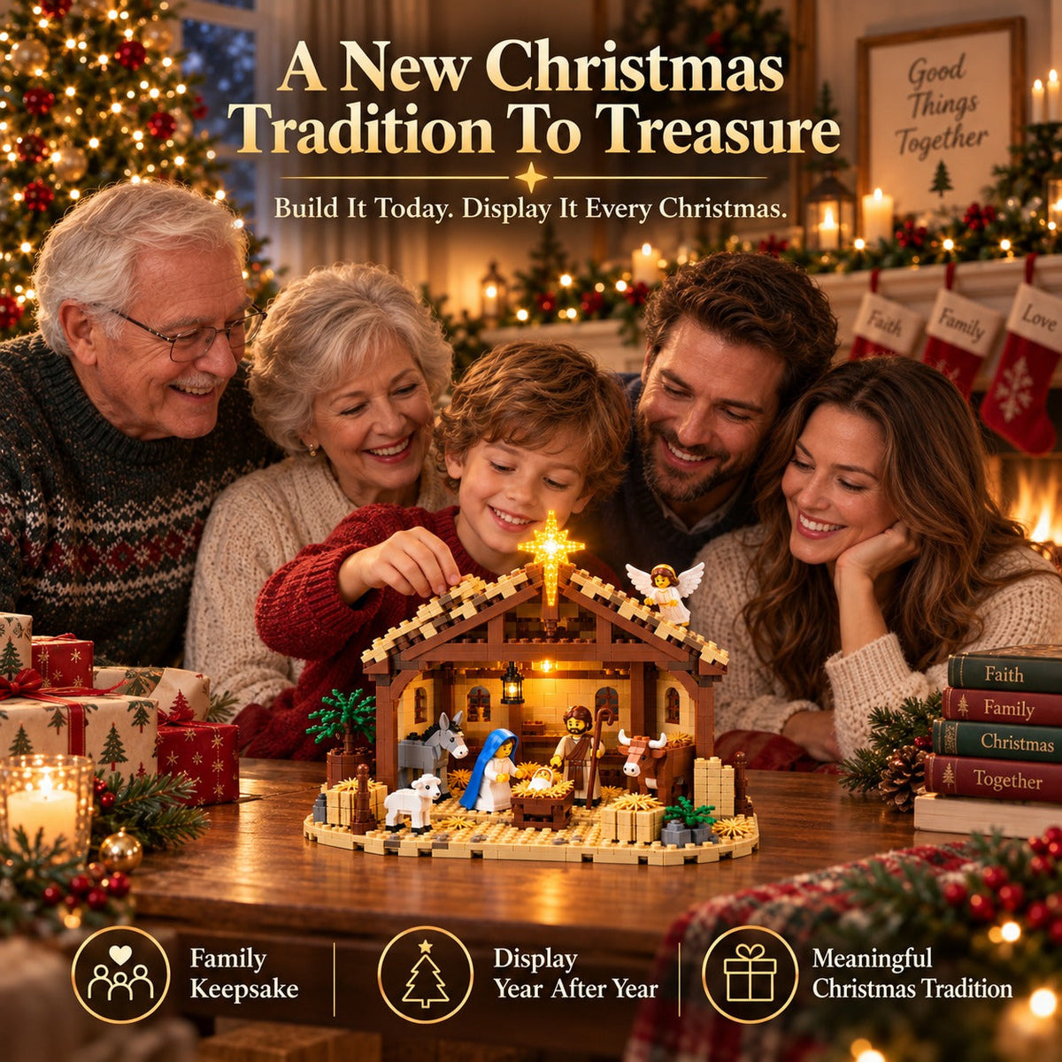 Family making a Christmas tradition with the light-up Nativity building set