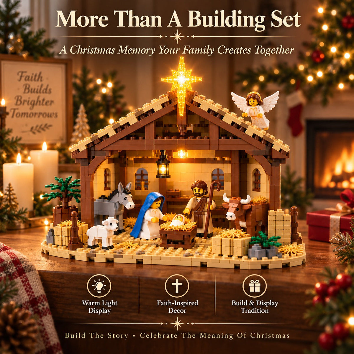 Assembled Nativity stable with the Bethlehem Star illuminated