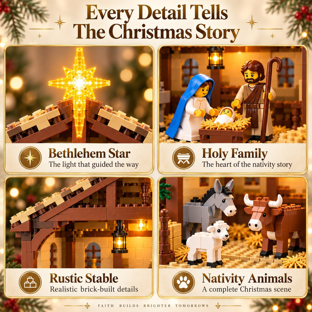 Close-up details of the Bethlehem Star, Nativity figures, stable and animals
