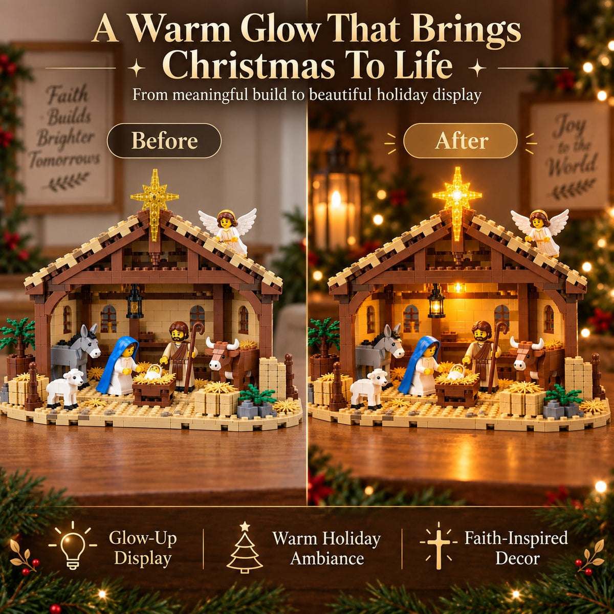 Nativity Story Building Brick Set with Light-Up Bethlehem Star – Christmas Nativity Scene
